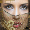 A woman's face with brown eyes and red lips partially covered by a golden lace veil, showing subtle animation changes in eye expression and mouth position.