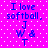 Pixelated text on a bright pink background with white dots, showing 'I love softball, J W & T' in blue letters across two identical