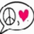 A pixelated speech bubble contains a gray peace symbol on the left and a bright pink heart on the right with small gray dots below.