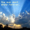 A static image of a sky with clouds and sunbeams, overlaid with text about the sun shining forever and together.
