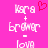 Pixelated pink background with white text and a red heart symbol, showing two identical side-by-side layouts of 'kara + brener - love' in stylized font.