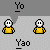 Pixel art character in yellow shirt with white face and black eyes, displayed across four positions under text labels.
