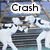 Animated sequence showing a white horse-like figure interacting with a smaller figure against a striped background, with text labels changing from 'Crash' to 'Test' to 'Dummy'.