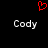 Red pixelated heart symbol above two identical 'Cody' text labels on black background.