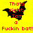 Yellow background with red text and black bat silhouette changing poses across frames.