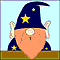 Animated sequence of a cartoon wizard with a blue hat and yellow stars, showing facial expressions and a spinning star effect on a light blue background.