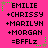 Pixelated text on bright pink background with green star accents, showing repeated names and "=BFFLz" in black block letters.