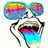 A stylized face with large sunglasses, open mouth showing tongue, and rainbow-colored lips on a white background.