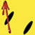 Red figure with outstretched arms and legs on yellow background, black oval shapes scattered around.