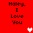 Red background with black text reading 'Haley, I Love You' and two pixelated heart icons in white and pink.