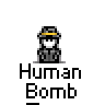 Pixelated character in fedora and suit with text 'Human Bomb' below, showing sequential explosion animation frames.