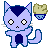 Pixel art cat with light purple body and dark blue accents, holding a bowl of food; four variations show different expressions including neutral, surprised, and open mouth.