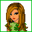 A 4x3 contact sheet of pixel art frames showing a cartoon woman with long brown hair in various poses and expressions, alongside green lips icons and text phrases like "Kiss me." and "I'm Irish" on white backgrounds with green borders.
