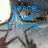 Blue pixelated text reading 'peace. love. friends.' overlaid on a blurred background with indistinct figures and muted tones.