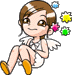 Pixelated cartoon character with brown hair and white wings sits with legs bent, surrounded by floating star-shaped icons in blue, yellow, pink, and green.