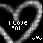 Black background with four heart outlines and text reading 'I LOVE YOU' in pixelated white font, accompanied by small heart symbols.