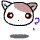 Pixelated cartoon cat head with pink-brown hair, large brown eyes, and black outline in three expressions: open-eyed neutral, closed-eyed calm, and surprised mouth.