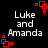 Pixelated text 'Luke and Amanda' in white on black background with red square corner decorations, four identical instances arranged in a