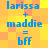 Blue text on a yellow-orange pixelated background displays 'larissa + maddie = bff' in two identical vertical arrangements.