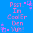 Pixelated text and geometric shapes on a blue background with pink and purple elements.