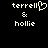 Pixelated white text on black background shows 'terrell' with heart symbol, '&' and 'hollie', then identical second version without heart.