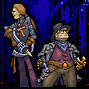 Two pixel-art characters stand against a blue and black background; one wears armor with an orange cross, the other has a purple vest and brown pants.