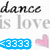 Pixelated text reads 'dance is love' above a blue '3333' box and pink heart on white background.