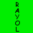 Green background with vertical black text 'RAYOL' repeated three times, each instance partially overlapped by a blue horizontal bar in different positions.
