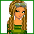 Pixel art character in green outfit with long braided hair, goggles on head, and text 'green with envy!' displayed.