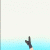 Pixelated anime-style character in red top and dark skirt performs acrobatic flip against light blue gradient background.