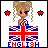Pixel art doll with blonde pigtails, blue eyes, and Union Jack dress holding Union Jack flag with 'ENGLISH' text below.
