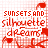 Red and white pixelated text repeats 'SUNSETSAND silhouette dreams' with small red heart shapes scattered across a pattern