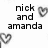 Pixelated black text reads 'nick and amanda' on white background with two gray heart icons, one top-right and one bottom-left.