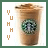 A Starbucks coffee cup with a green circular logo, brown liquid topped with foam, and vertical text reading "Y U H H Y" on the left side.