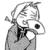 Pixelated grayscale icon of a stylized character with exaggerated facial features and dynamic pose, rendered in low-resolution dithering style on white background.