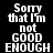Pixelated text 'Sorry that I'm not GOOD ENOUGH' displayed in white on black and green backgrounds across four