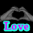 Animated icon shows hands forming a heart shape, then text "Love" appears in cyan and magenta.
