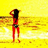 Pixelated image of a person in red swimsuit standing on beach with hand near head, yellow background and text 'lol thats MEEE' on right.