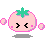 Pixel art contact sheet showing two frames of a pink tomato-shaped character with green stem, black eyes, and pink accents on gray background.