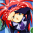 Pixelated anime-style character with red and dark blue hair, green eyes, and purple clothing against a black background with white text.