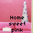 Pixelated image with pink background, white and purple vertical object on right, black text reading 'Home sweet pink' in three lines.