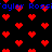Static pixel art featuring red heart shapes and blue text on a black background.