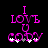 Pixelated pink text "I LOVE U" above cursive "copy" with white and gray accents on black background.