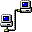 Pixelated network of nine computer monitors connected by gray and yellow cables on a gray background.