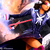 A character in a blue outfit with white accents and red stripes stands against a cosmic background with a large planet and stars.