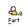 A static contact sheet showing two identical frames of a pixelated yellow stick figure with white head and black outline, holding a white sphere, emitting three gray sound waves from its hand against a solid light gray background.