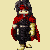 Pixelated character with dark hair and red headband wears red cape over black outfit, standing against light beige background with four distinct poses.