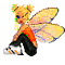 Pixelated character with blonde pigtails, blue eyes, orange top, black pants, white sneakers, and large yellow wings poses next to text reading Aimphuck.com.