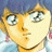 Pixelated anime-style character with blue hair and light skin, side profile facing left, on a black background with white text.