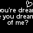 Pixelated text reads 'you're dream you dream of me?' with a heart symbol above, repeated across the image.